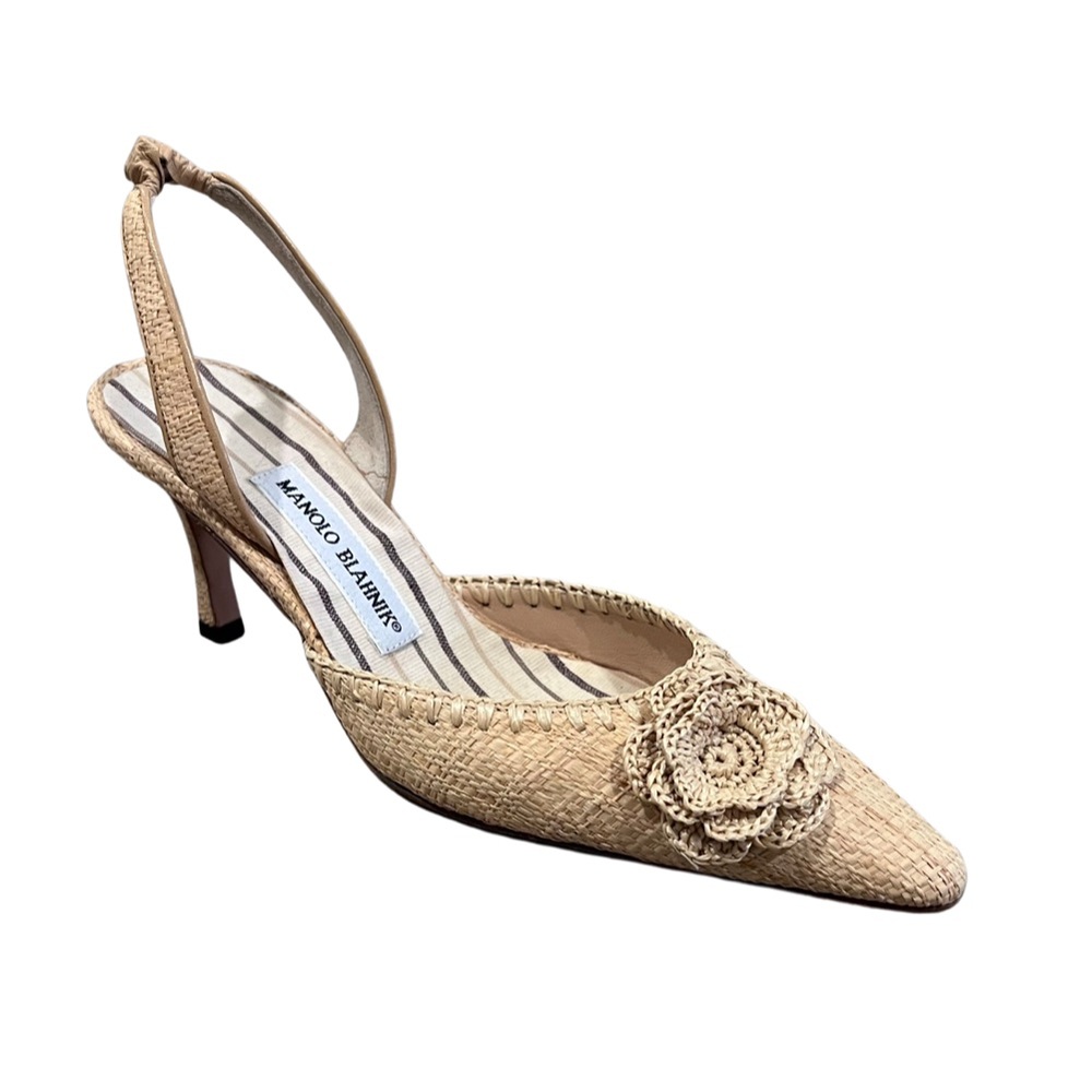 Manolo Blahnik Woven Flower Slingback Heels, Size 37.5